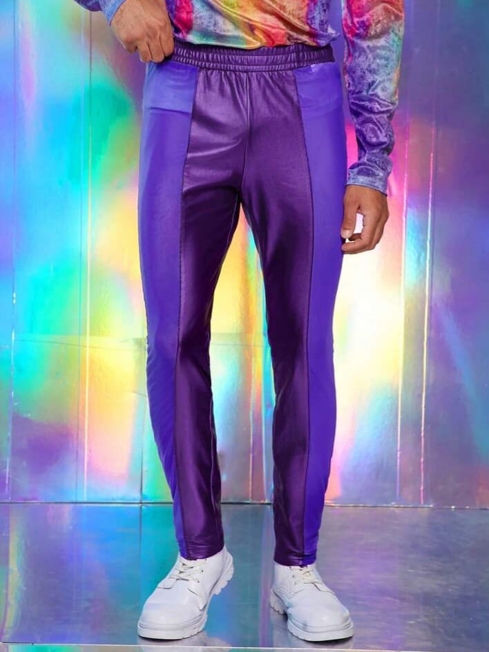 Crystal City Men's Elastic PU Leather Mesh Splice Jocker Look Skinny Pants